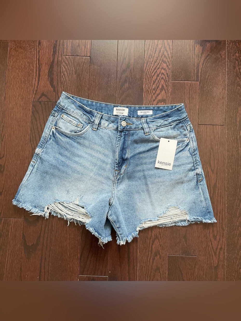 Kensie Medium Blue Distressed Frayed Hem Denim Shorts